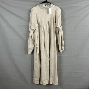 Monbebe Dress One Size Linen Maxi Beige Ruffle Neck Balloon Peasant Cottagecore